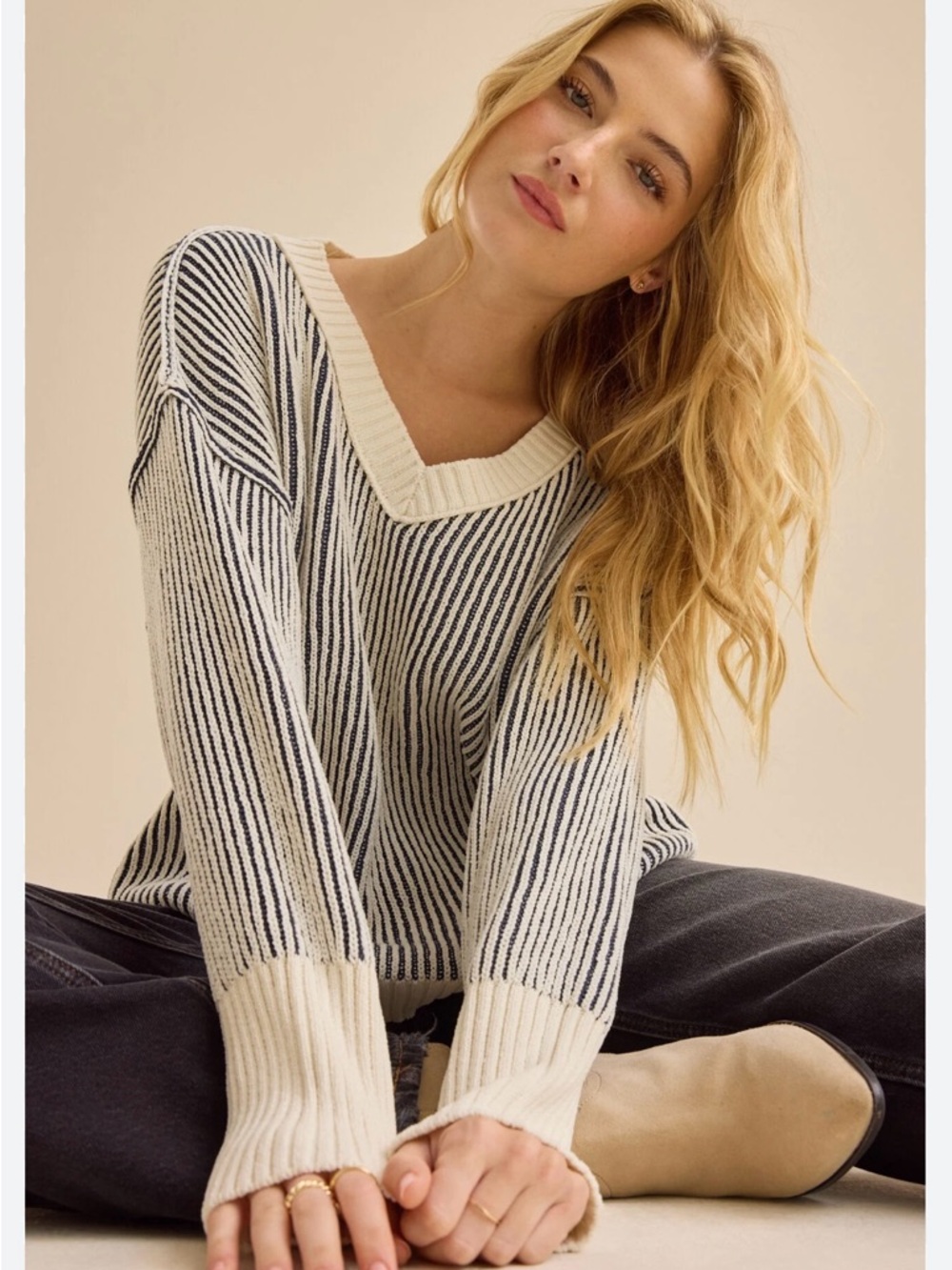 Altar'd State Cream and Black Striped V-Neck Sweater